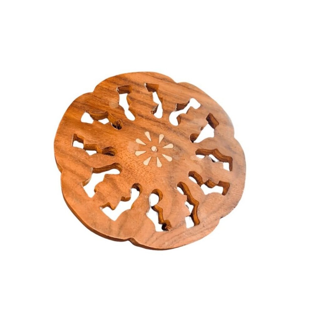 1970s Vintage Wooden Trivet‎ 6" White Inlay Wooden Plant Tray Felt Feet